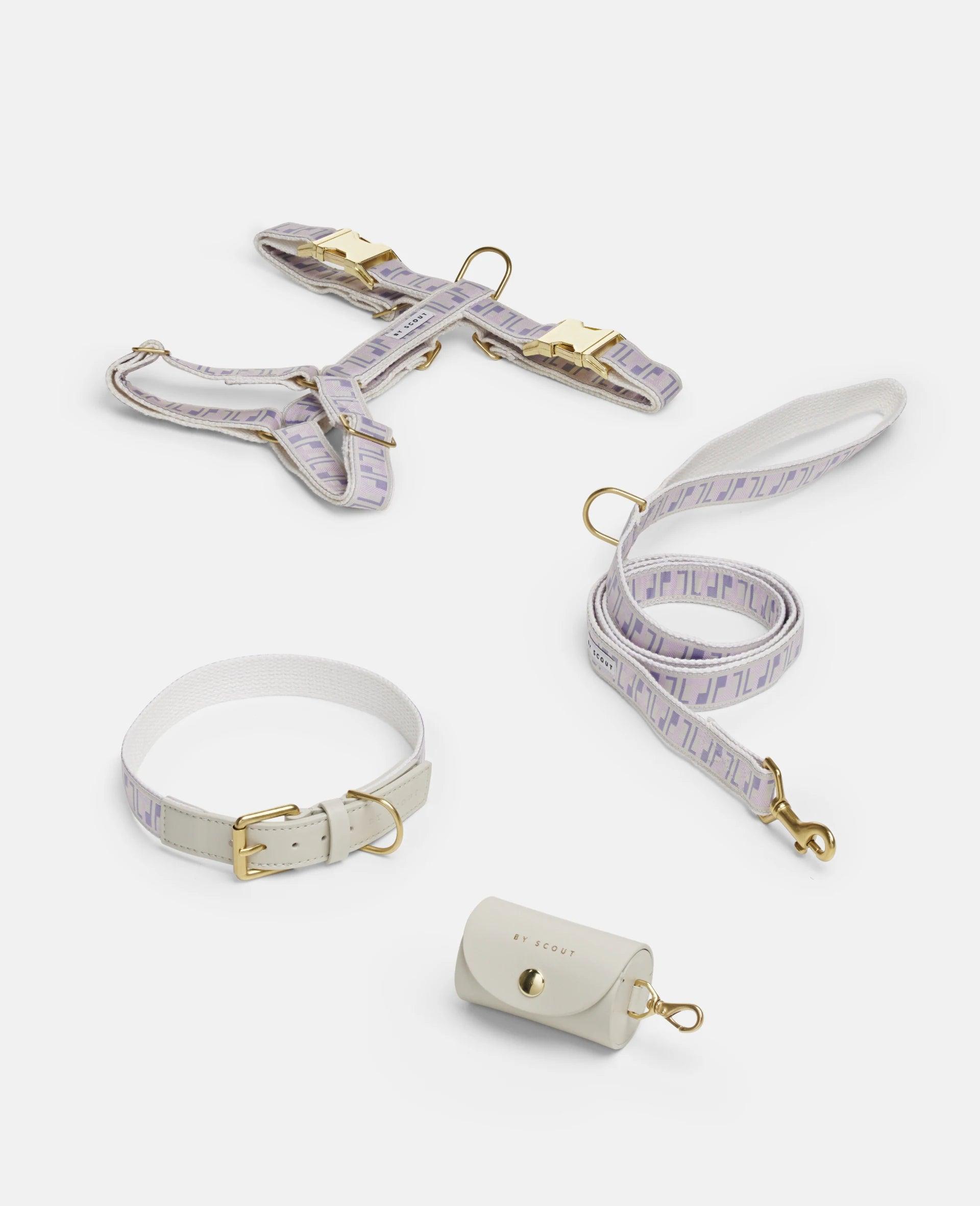 Trove Dog Harness, Leash and collar in lilac and pink, with a cream leather-like poop bag holder