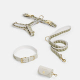 Nice Grill Dog Harness, leash, collar in Sage and a cream vegan poop bag holder - By Scout