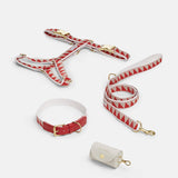 Nice Grill Dog Harness, leash and collar in Red, with a cream leather-like poop bag holder