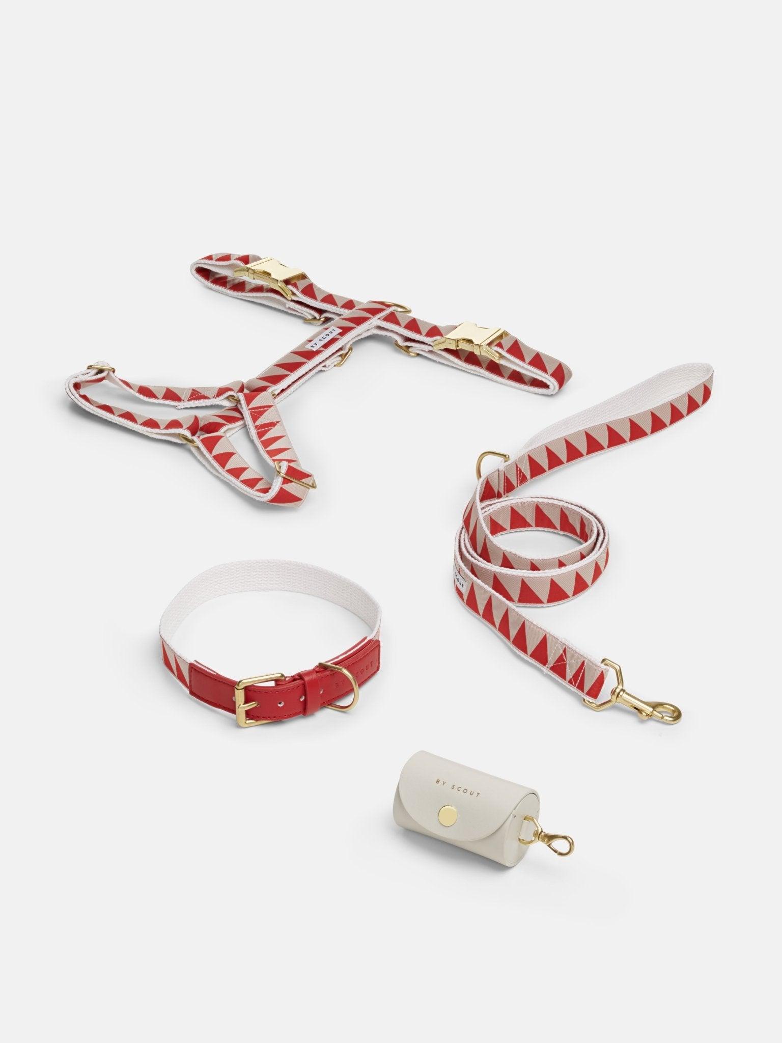 Nice Grill Dog Harness, leash and collar in Red, with a cream leather-like poop bag holder