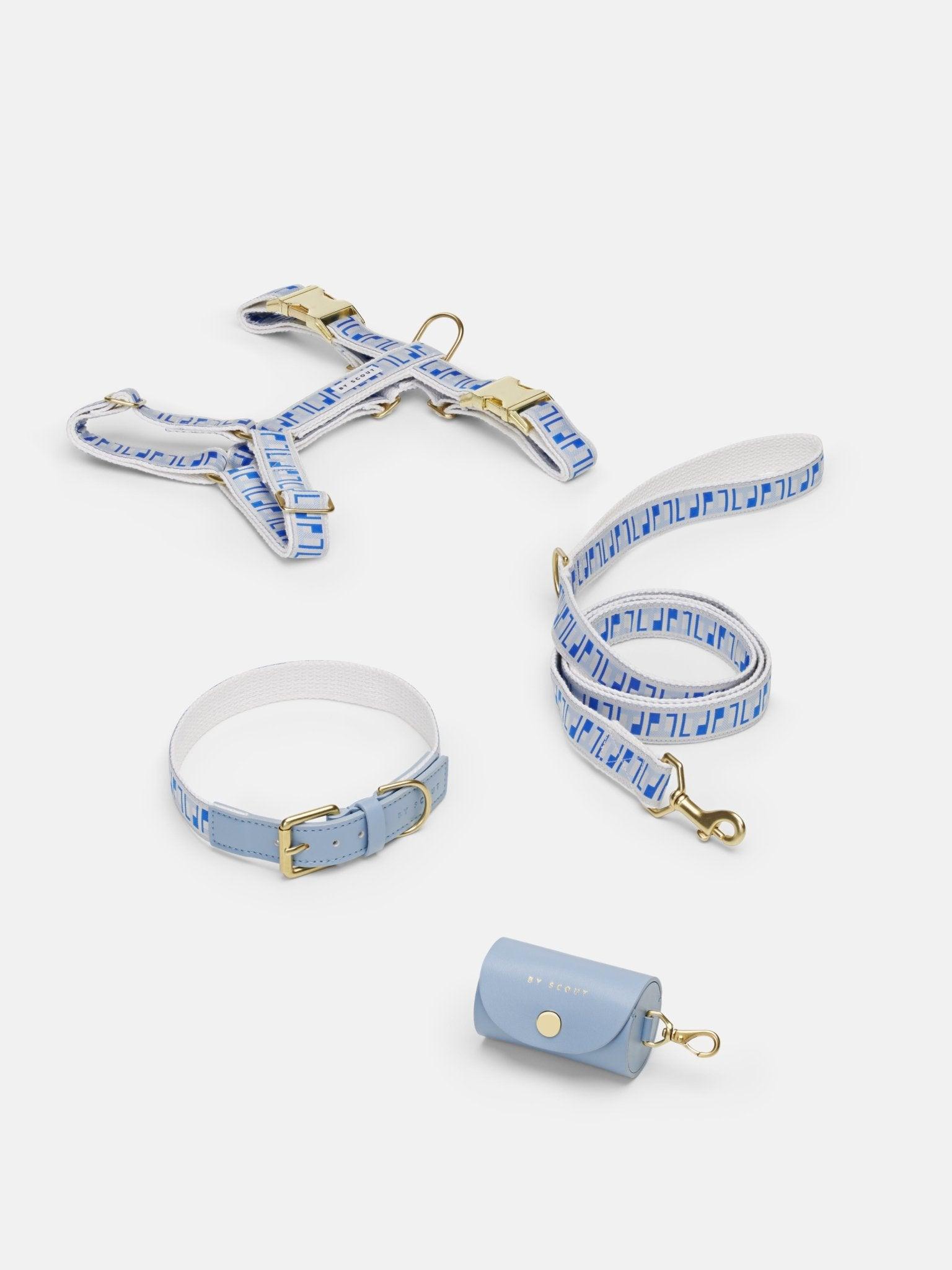 Trove Dog Collar, Harness, Leash and light blue poop bag holder in blues - By Scout