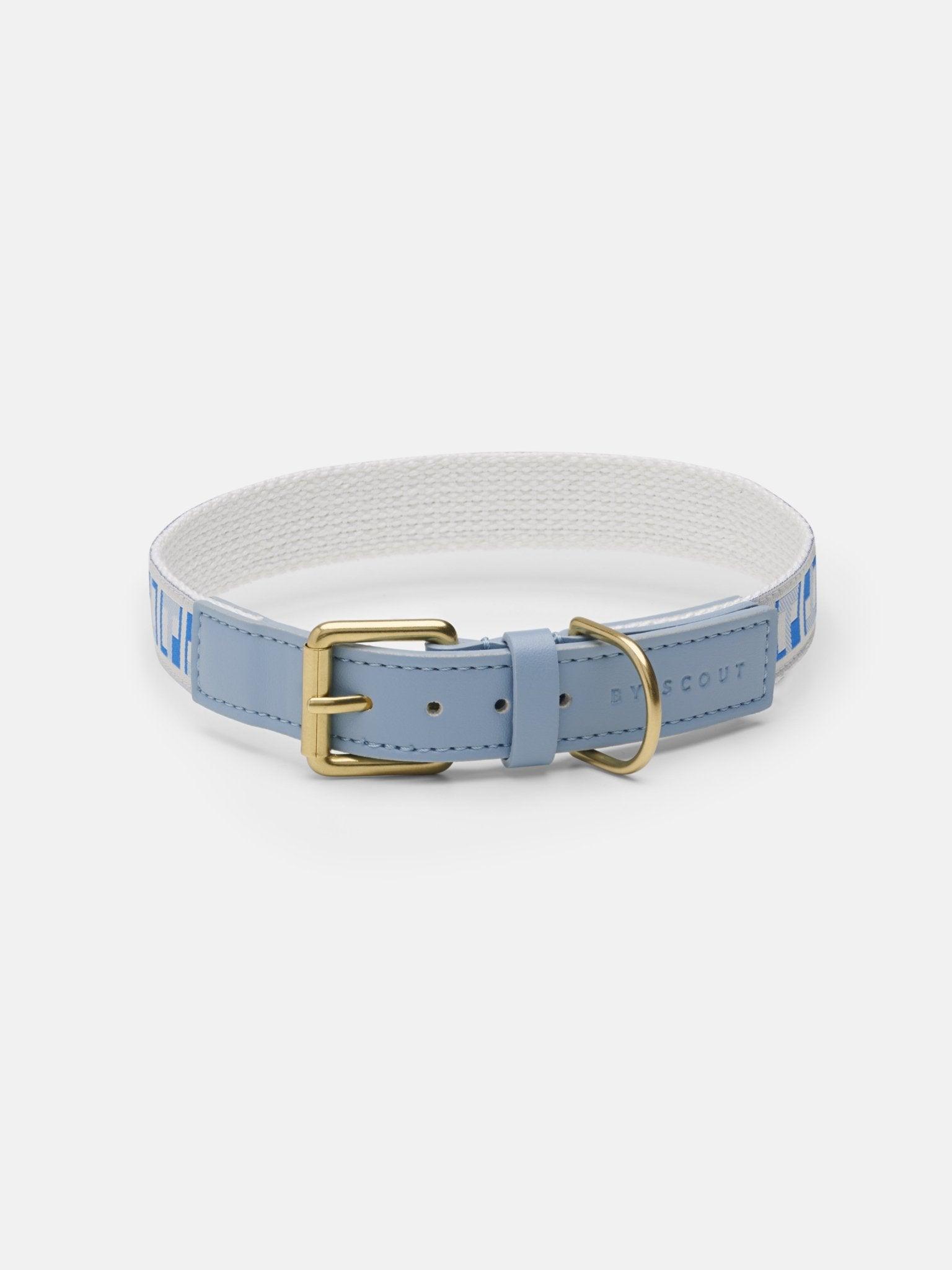 Graphic pattern dog collar in a shade of blues with a vegan leather strap - By Scout