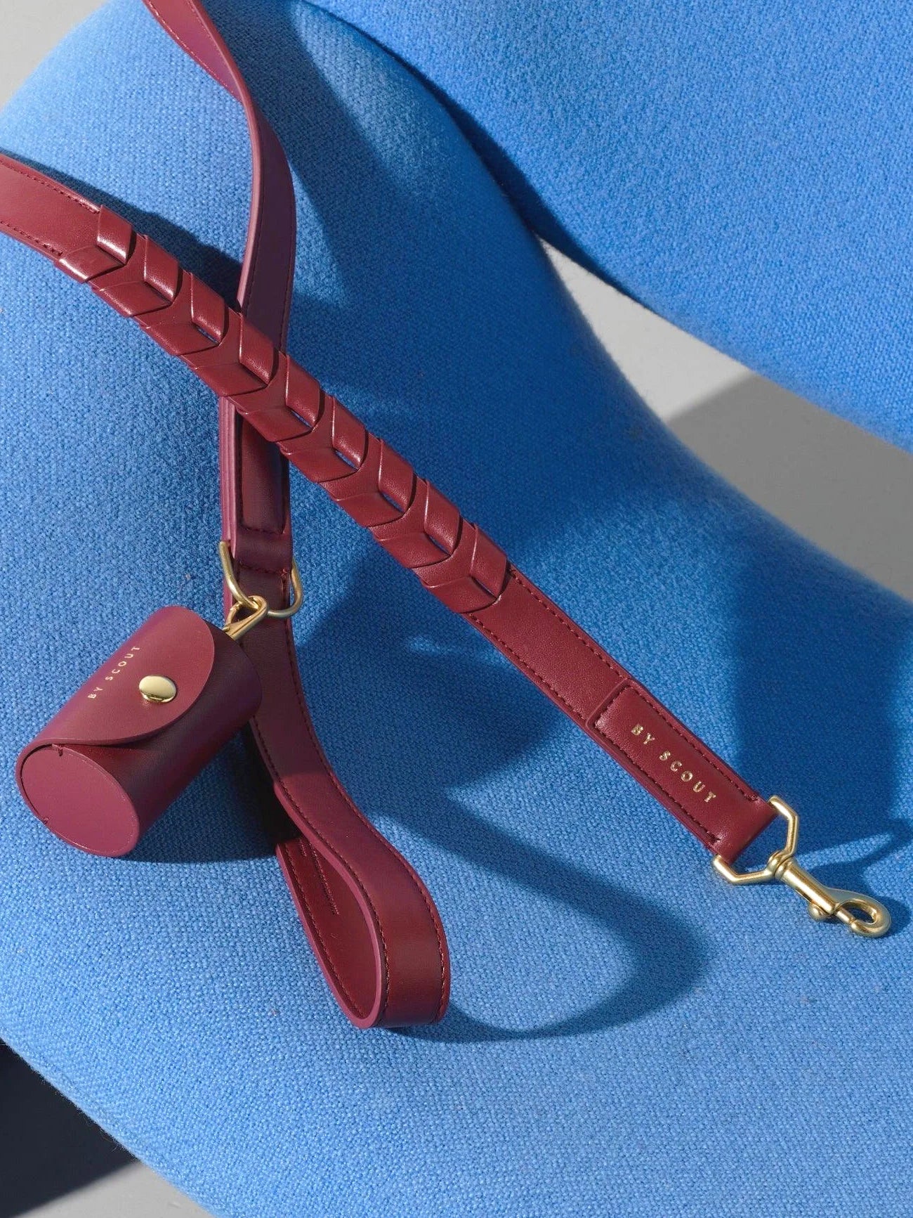 Red leather dog leash with braided design and gold hardware on a blue background