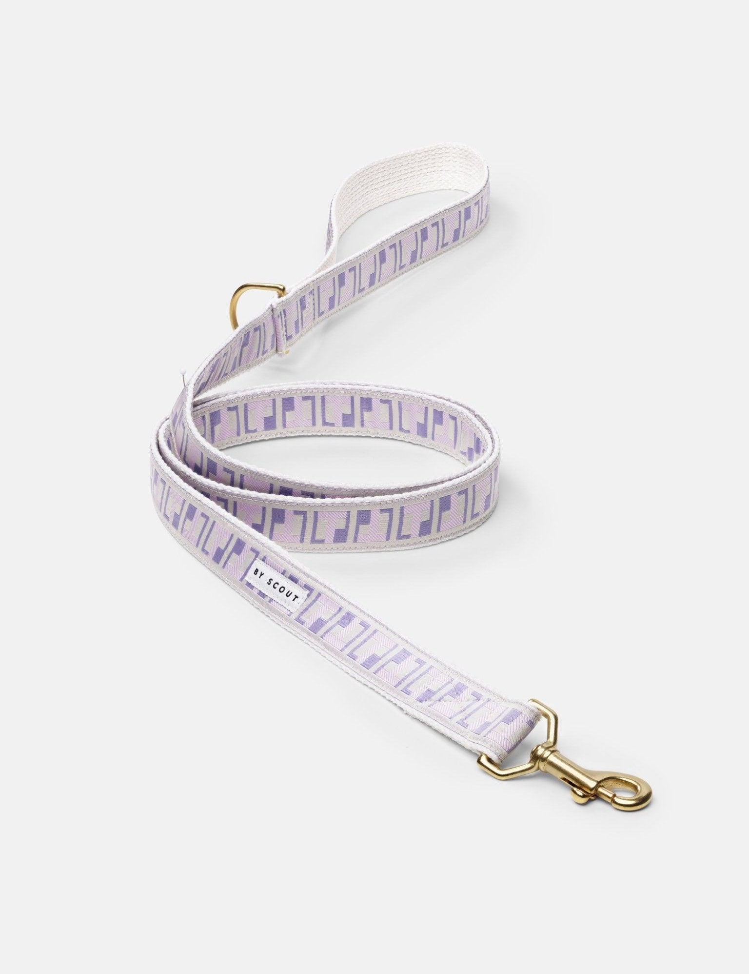 Trove Dog Leash in Lilac and Pink playful pattern, with solid brass hardware